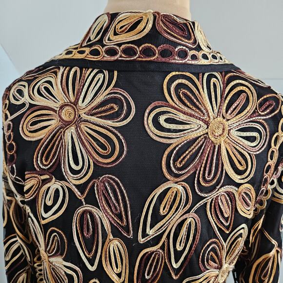 Anu by Natural Blazer Womens Medium Floral Embroidered Open Shacket Black Cream - Picture 9 of 14